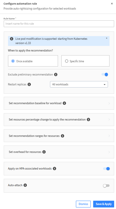 screen that shows how to create or edit a right-sizing-rule